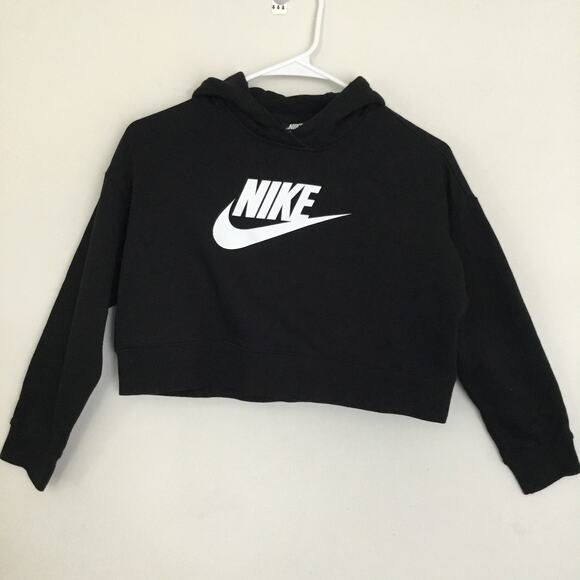 Nike Size M Black With White Logo Boxy Cropped Hooded Sweatshirt Junior - Picture 1 of 7
